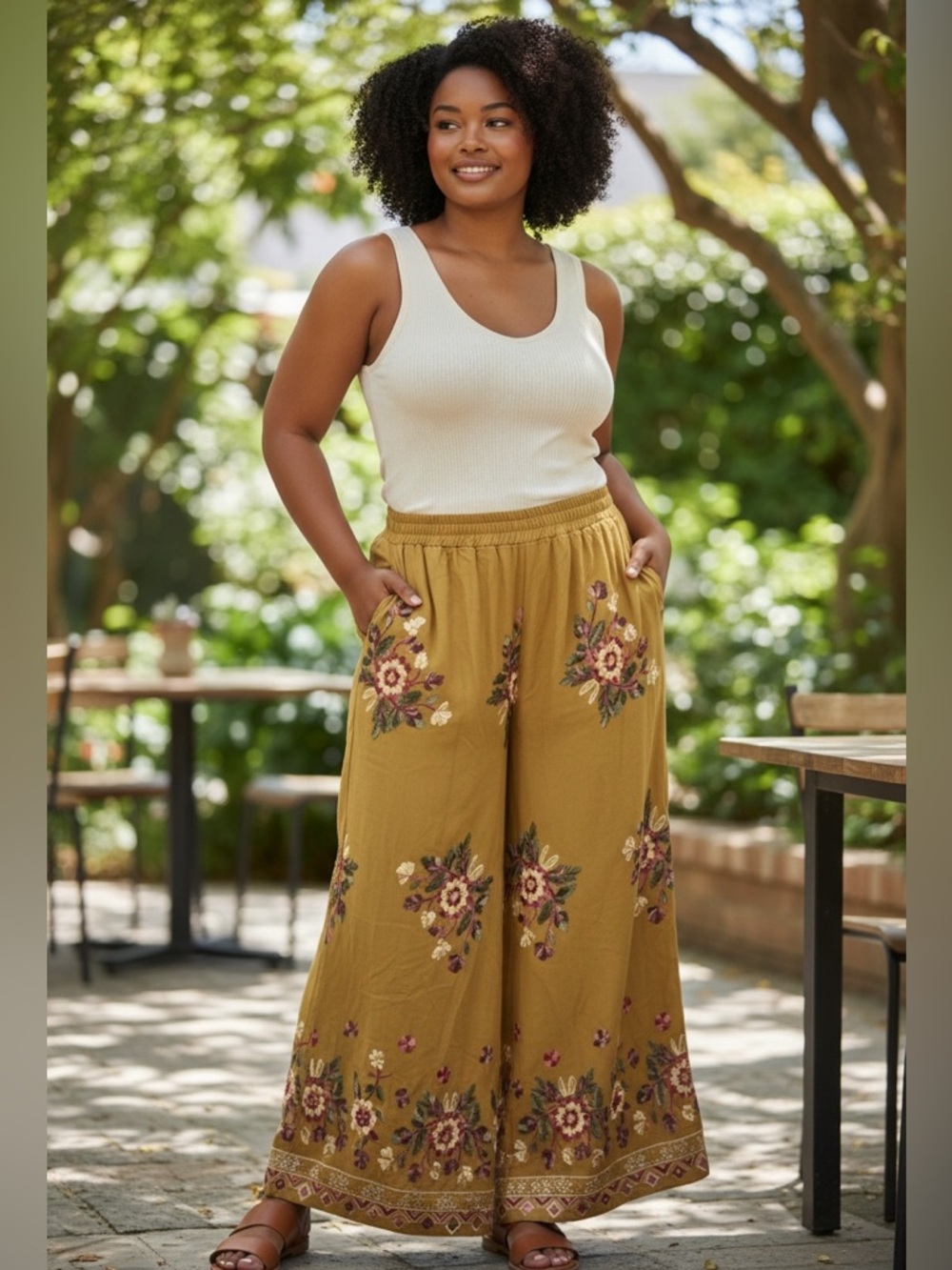 Liv Los Angeles Mustard Boho Embroidered Wide Leg Palazzo Pants Size 3X